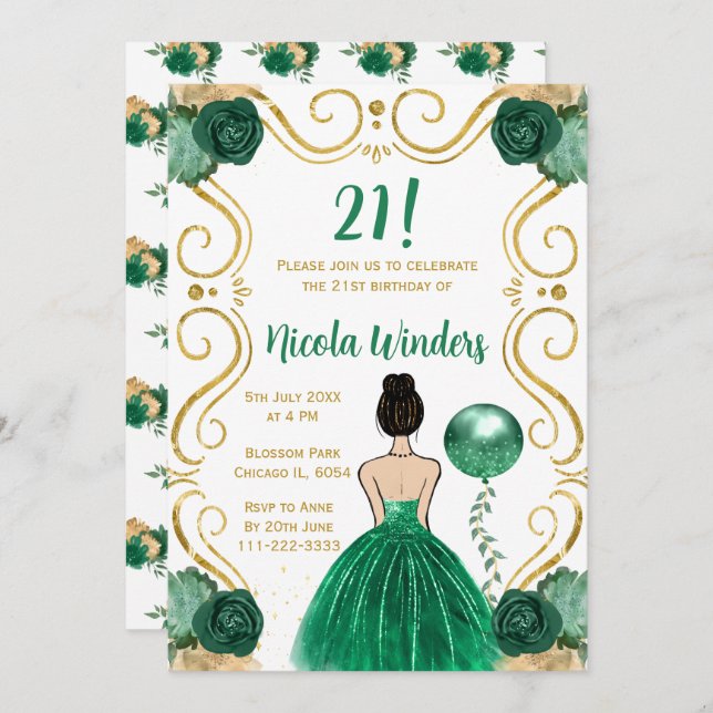 Födelsedagsfest Brown Hair Princess i Grönt Inbjudningar (Fram/baksida)