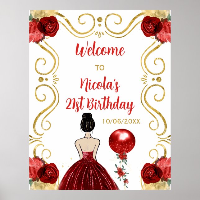 Födelsedagsfest Brown Hair Princess Red Welcome Poster (Framsidan)
