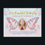 Födelsedagsfest Butterfly Photo Girls Cute Kid Ros Inbjudan Vykort<br><div class="desc">De unika vykorten födelsedagsfest inbjudan förvandlar ditt barn till en magisk fjäril! sötens design har en vintage saga som ser ut i vita nyanser av rosa, blått och guld. Ditt barns foto fyller mitten av fjärilsmusslan vinge. Den söta designen är gjord i vattenfärg med faux (tryckt) detaljer om glitter och...</div>