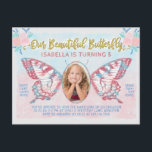 Födelsedagsfest Butterfly Photo Girls Cute Kid Ros Inbjudan Vykort<br><div class="desc">De unika vykorten födelsedagsfest inbjudan förvandlar ditt barn till en magisk fjäril! sötens design har en vintage saga som ser ut i vita nyanser av rosa, blått och guld. Ditt barns foto fyller mitten av fjärilsmusslan vinge. Den söta designen är gjord i vattenfärg med faux (tryckt) detaljer om glitter och...</div>