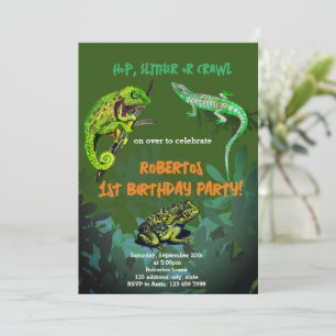 Födelsedagsfest chameleon, ödla, groda inbjudningar