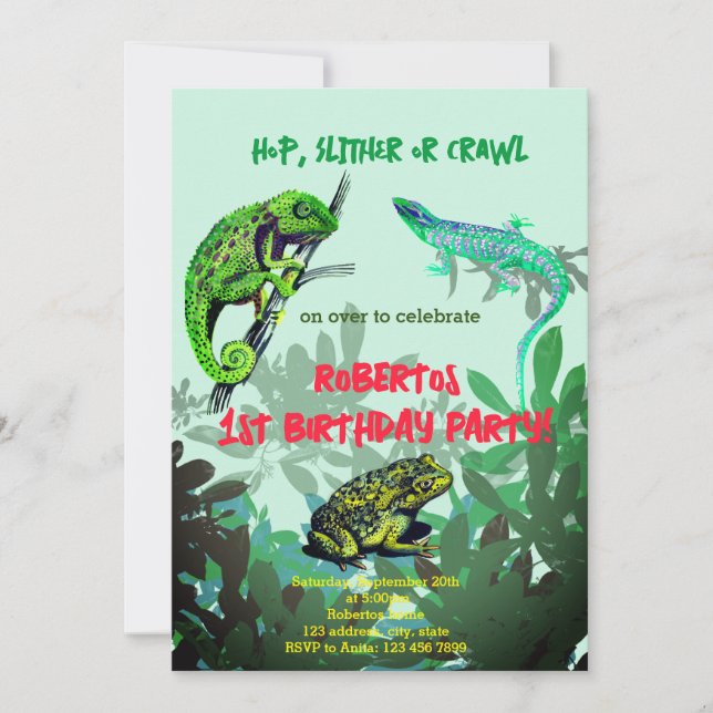 Födelsedagsfest chameleon, ödla, groda inbjudningar (Framsida)