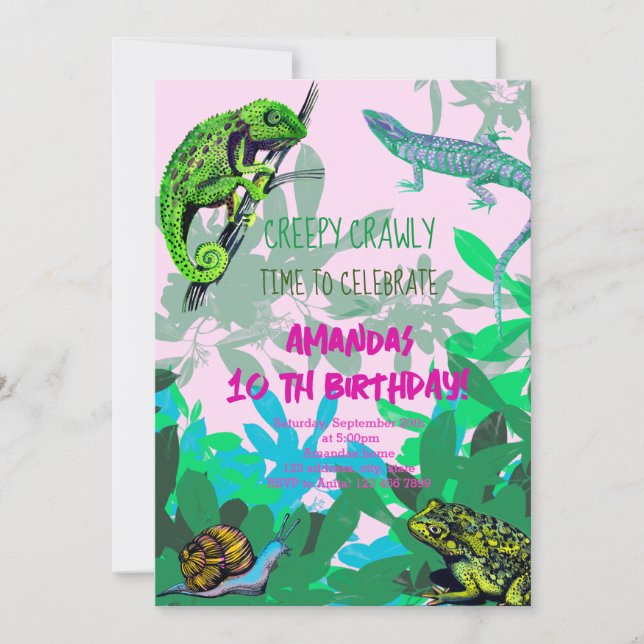 Födelsedagsfest chameleon, ödla, groda inbjudningar (Framsida)