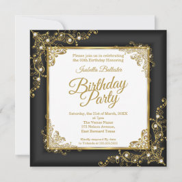 Födelsedagsfest charkolsvart Guld White Photo Inbjudningar