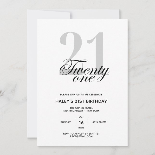 Födelsedagsfest Chic Minimal 21 år Inbjudningar (Framsida)