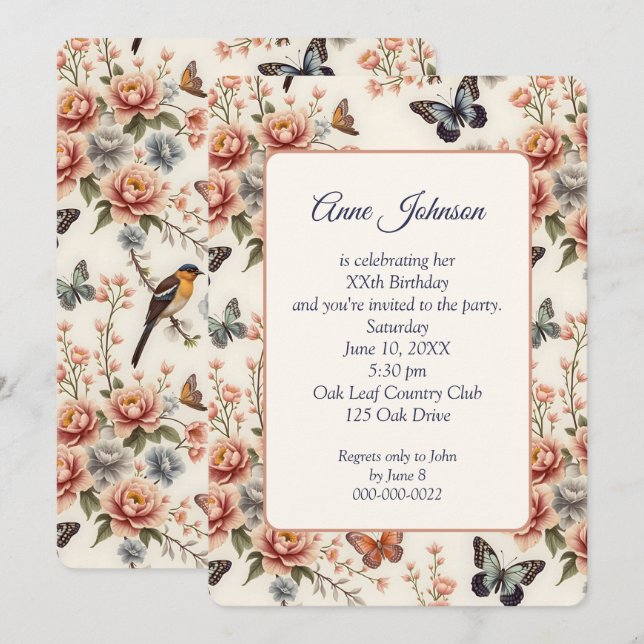 Födelsedagsfest Chinoiserie Nature's Harmony Inbjudningar (Fram/baksida)