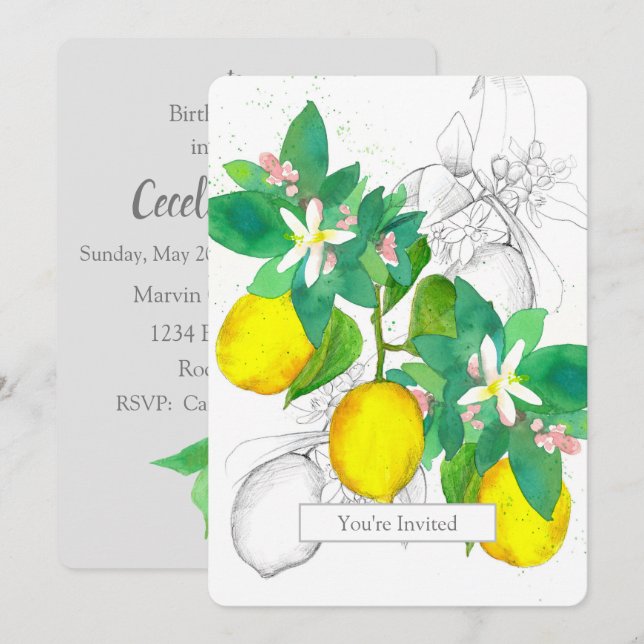 Födelsedagsfest Citrus Watercolor Fruit Inbjudningar (Fram/baksida)