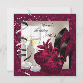 Födelsedagsfest Damask Rosa Red Shoes Cream 2 Inbjudningar