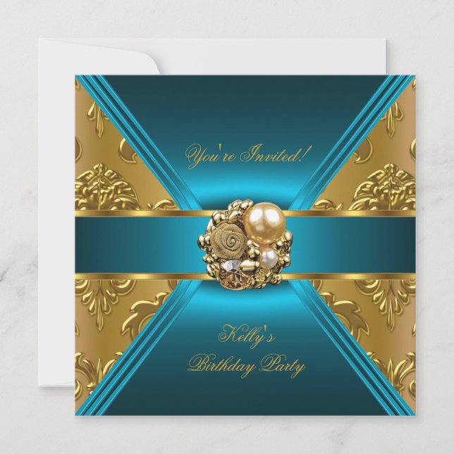 Födelsedagsfest Damask Tealblå Guld Inbjudan (Framsida)
