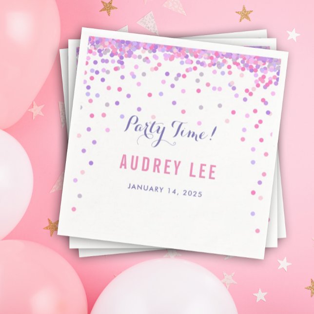 Födelsedagsfest-dekoder för flickkonetti sprinkles pappersservett (Pink and purple confetti napkins)