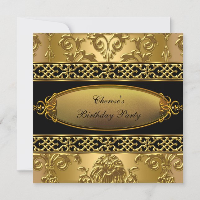 Födelsedagsfest Elegant Damask Guld Black 3 Inbjudningar (Framsida)