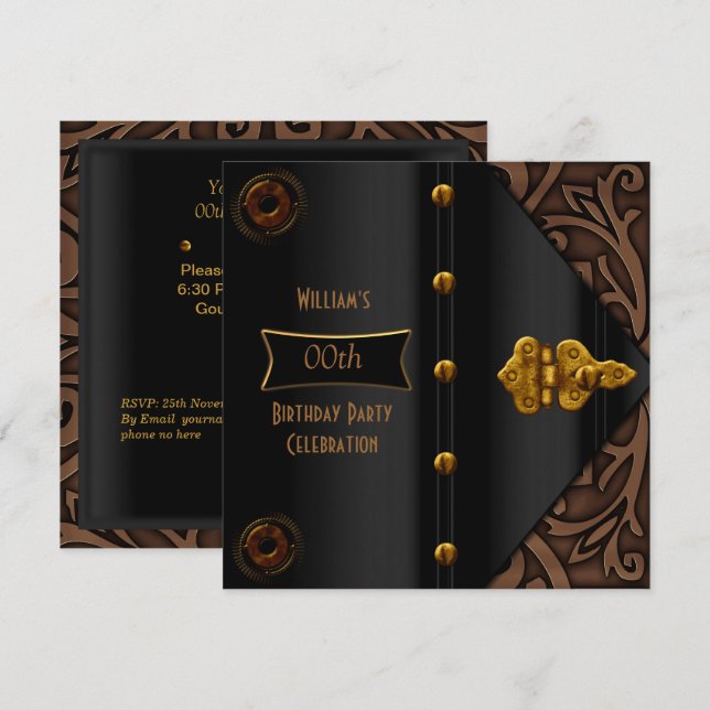 Födelsedagsfest Elegant Guld Svart Steampunk Inbjudningar (Fram/baksida)