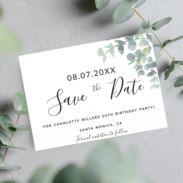 Födelsedagsfest eucaluptus greenery spara datumet (Skapare uppladdad)