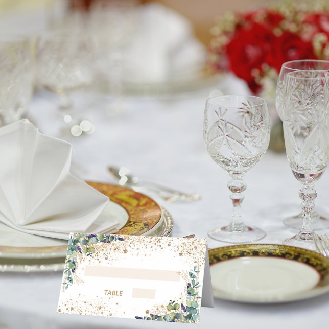 Födelsedagsfest eucalyptus guld glitter stoft placeringskort (Skapare uppladdad)