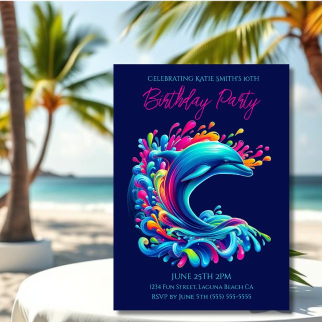 Födelsedagsfest - Färgämnet delfin Stänk Inbjudningar (Dolphin-Colorful Dolphin-Birthday Invitations-Summer Birthday Invitations-Dark Blue)