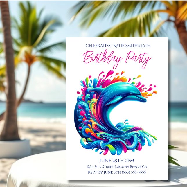Födelsedagsfest - Färgämnet delfin Stänk Inbjudningar (Dolphin-Colorful Dolphin-Birthday Invitations-Summer Party Invitations)