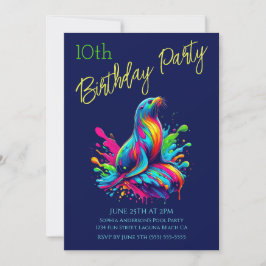 Födelsedagsfest- Färgglad Sjölejonssplatsch Inbjudningar