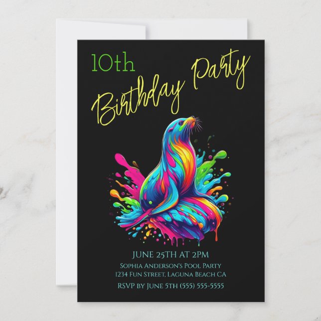 Födelsedagsfest- Färgglad Sjölejonssplatsch Inbjudningar (Framsida)