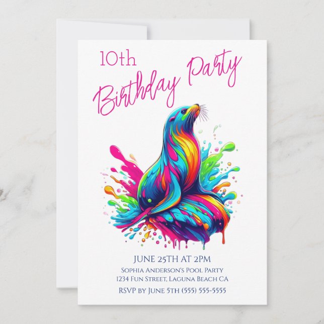 Födelsedagsfest - Färgglad Sjölejonsspratt Inbjudningar (Framsida)