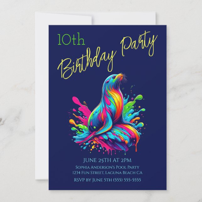 Födelsedagsfest- Färgglad Sjölejonssprutt Inbjudningar (Framsida)