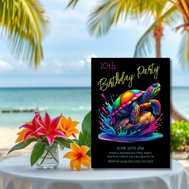 Födelsedagsfest- Färgglad Sköldpadda Splash Inbjudningar (Colorful Turtle Splash-Fisherman Core-Dopamine Dressing-Birthday Party Invitation-Black)