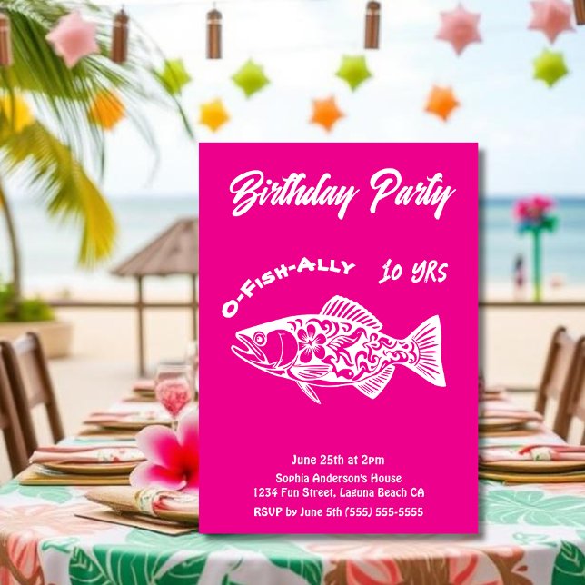 Födelsedagsfest-Fish Hawaiian O-Fish-ally Rosa Inbjudningar (Aloha Trout Fisherman Trend Hawaiian Fish Beach Summer Pool Birthday Party invitation bright pink)