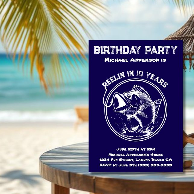 Födelsedagsfest-fisk Inbjudningar (Birthday Invitation, Fish, Fisherman Core Party, Blue and White, Birthday Invitation for Him, Summer)