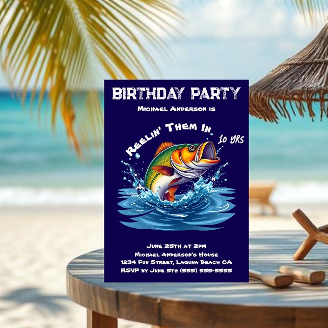 Födelsedagsfest-fisk Inbjudningar (Birthday party invitation Reelin them in Summer Party Fish out of water)