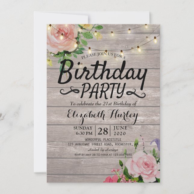 Födelsedagsfest Flowers Rustic Wood String Ljus Inbjudningar (Framsida)