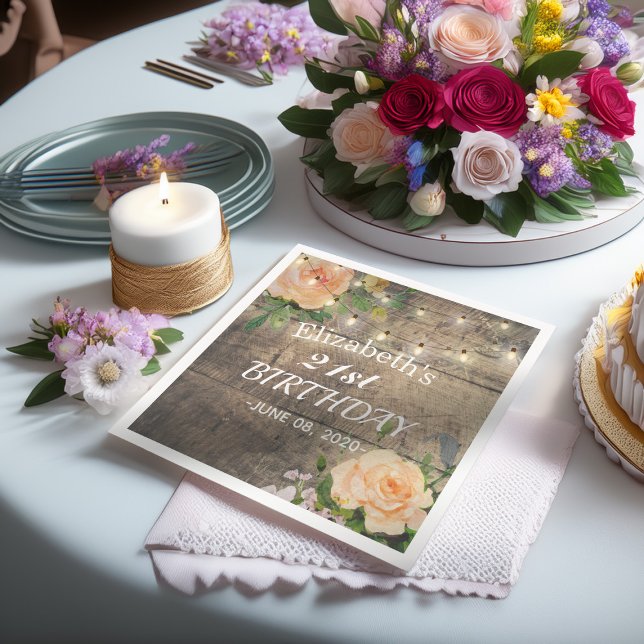 Födelsedagsfest Flowers Rustic Wood String Ljus Pappersservett (Skapare uppladdad)