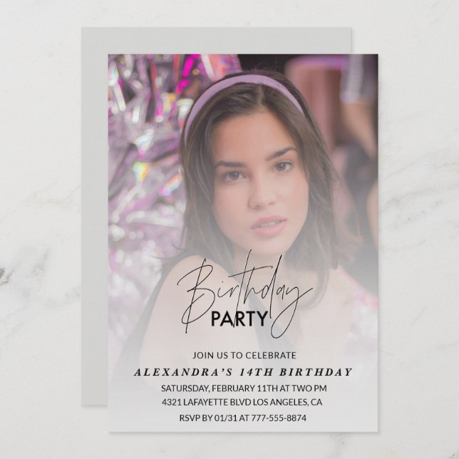 födelsedagsfest för 14-dagarsinbjudan Foto Grått Inbjudningar (Fram/baksida)