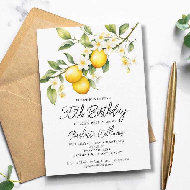 Födelsedagsfest för 35e av vattenfärg för Lemon Th Inbjudningar (Lemon Theme Watercolor 35th Birthday Party Invitation
)