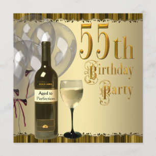 Födelsedagsfest för 55 år med vin glas flaska guld inbjudningar