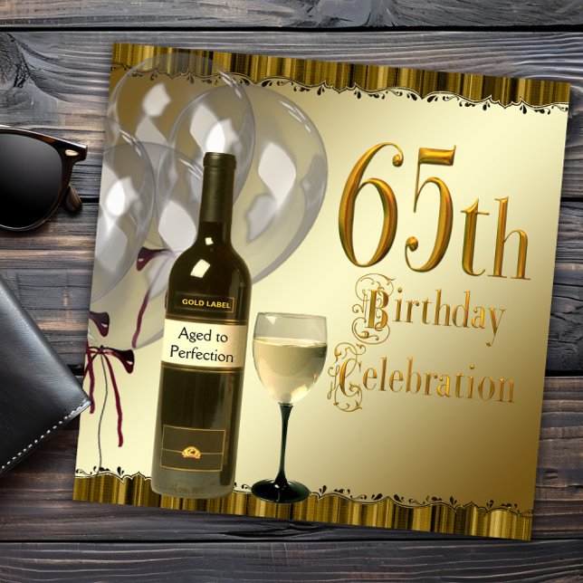 Födelsedagsfest för 65-årsdag med vinflaska och gl inbjudningar (Black and gold 65th birthday invitation. Need a different number? Send us a message.)
