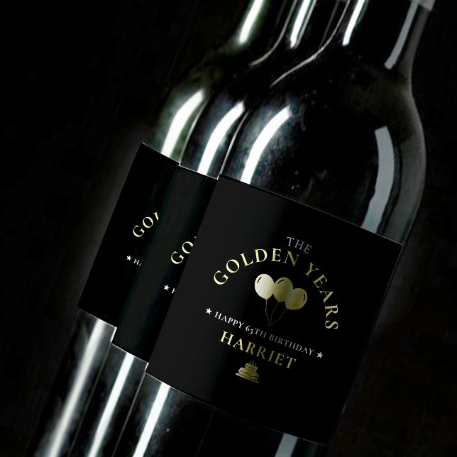 Födelsedagsfest för 65en Black & Guld Golden Years Vinflaska Etikett (Black & Gold Golden Years 65th Birthday Party Wine Label)