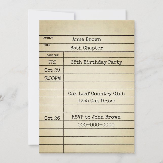 Födelsedagsfest för 65en Gammalt Bibliotek-kort Inbjudningar (Framsida)