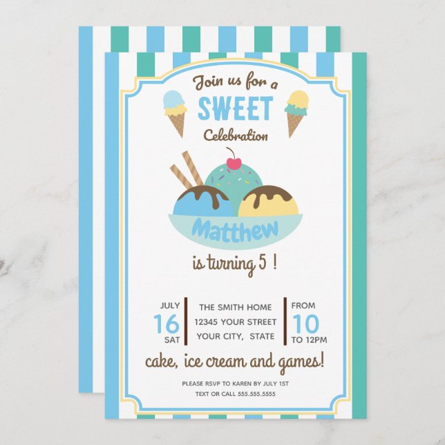 Födelsedagsfest för Barn av blå Grönt Retro Ice Cr Inbjudningar (Fram/baksida)