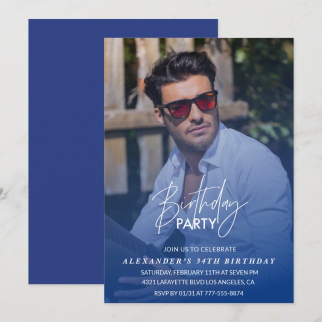 Födelsedagsfest för blå 34-dagars födelsedagsinbju inbjudningar (Fram/baksida)