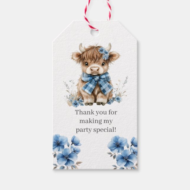 Födelsedagsfest för blå höglandskö presentetikett (Framsidan)