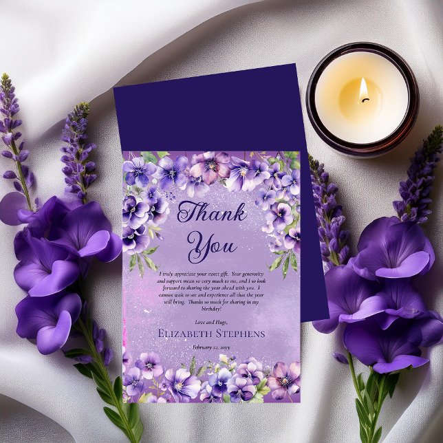 Födelsedagsfest för Blommigt av brott mot elegante Tack Kort (Boho Elegant Purple Violets Floral Birthday Party (or Other Occasion) Thank You Card)