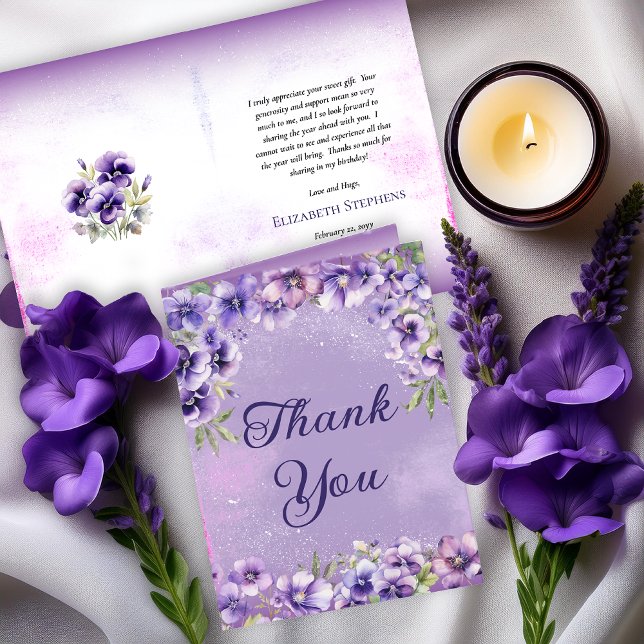 Födelsedagsfest för Blommigt av brott mot elegante Tack Kort (Boho Elegant Purple Violets Floral Folded Thank You Card - Birthdays or Other Occasions)