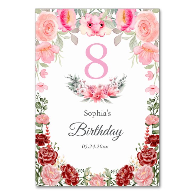 Födelsedagsfest för Blommigt av elegant Bordsnummer (Framsidan)