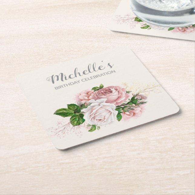 Födelsedagsfest för Blommigt av elegant Rosa Vinta Underlägg Papper Kvadrat (Vinklad)