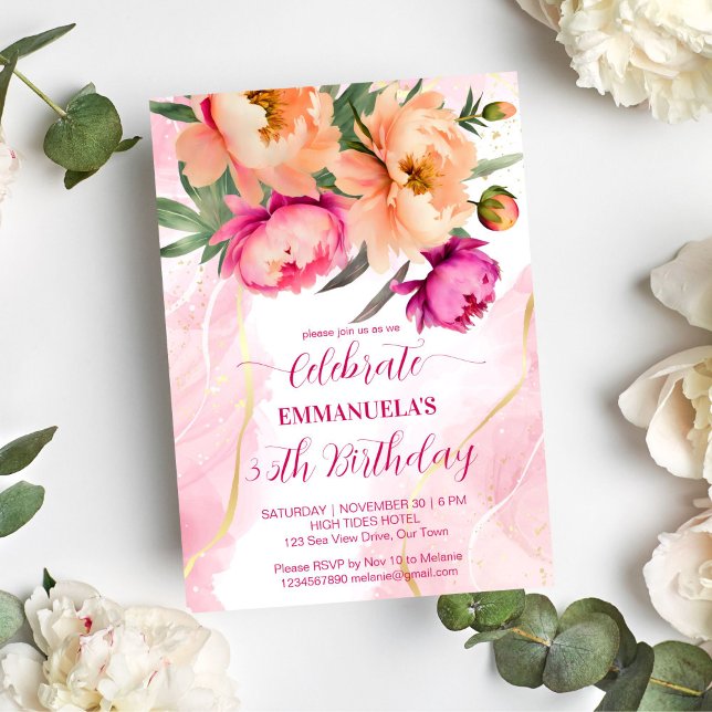 födelsedagsfest för blommigt av orange för rosa av inbjudningar (Elegant pink orange peonies floral birthday party editable  template invitation digital download)