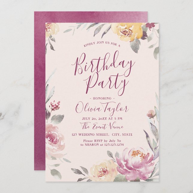 Födelsedagsfest för blommigt av romsk trädgårdstru inbjudningar (Fram/baksida)