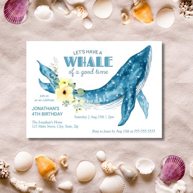 Födelsedagsfest för Blommigt av vattenfärgen Whale Inbjudningar (Skapare uppladdad)