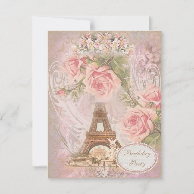 Födelsedagsfest för blommigt för shabby chicEiffel Inbjudningar (Framsida)