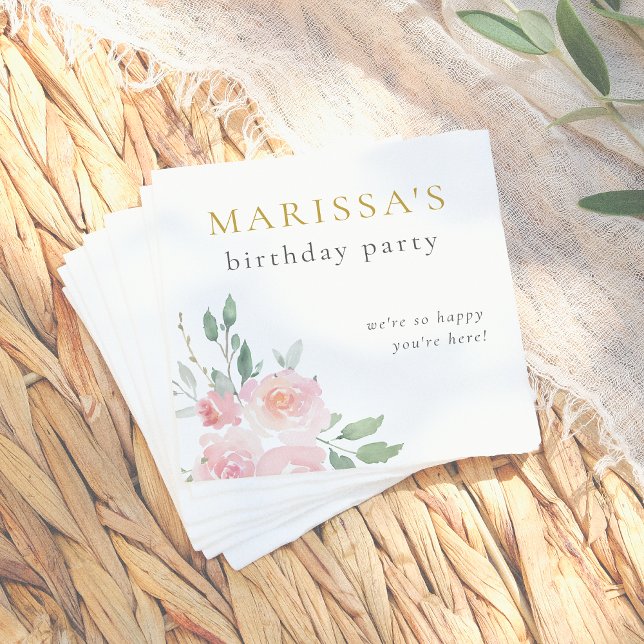 Födelsedagsfest för Blommigt med Guld-skript Pappersservett (Skapare uppladdad)