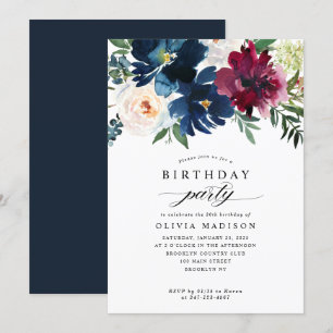Födelsedagsfest för Blommigten Modern Navy Blue Bu Inbjudningar