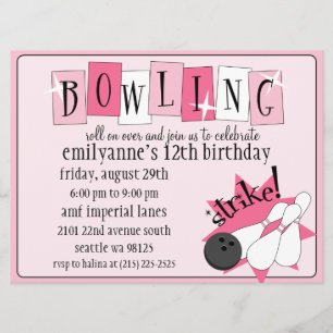 Födelsedagsfest för bowling för babyrosor totalt inbjudningar